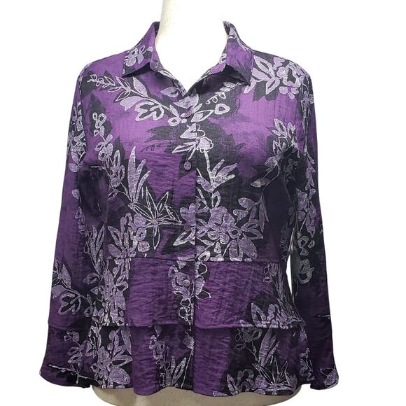 Habit Purple Floral Peplum Blouse M – BohoCore Romantic Ruffle Button Top - Picture 1 of 12
